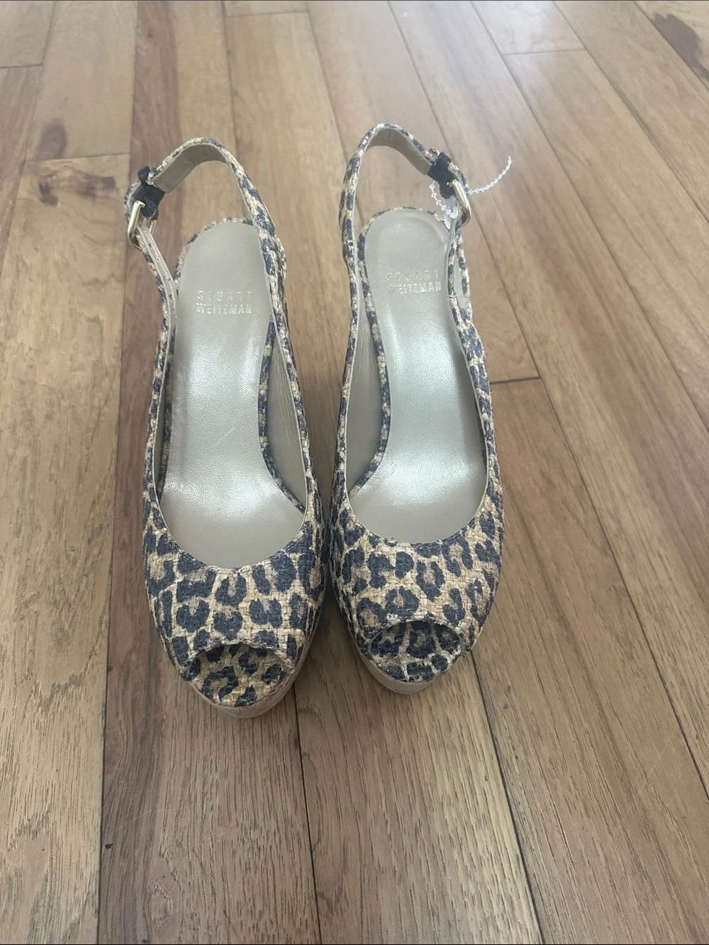 Stuart Weitzman Leopard print Slingback Wedges in Brown and Black cork sandals